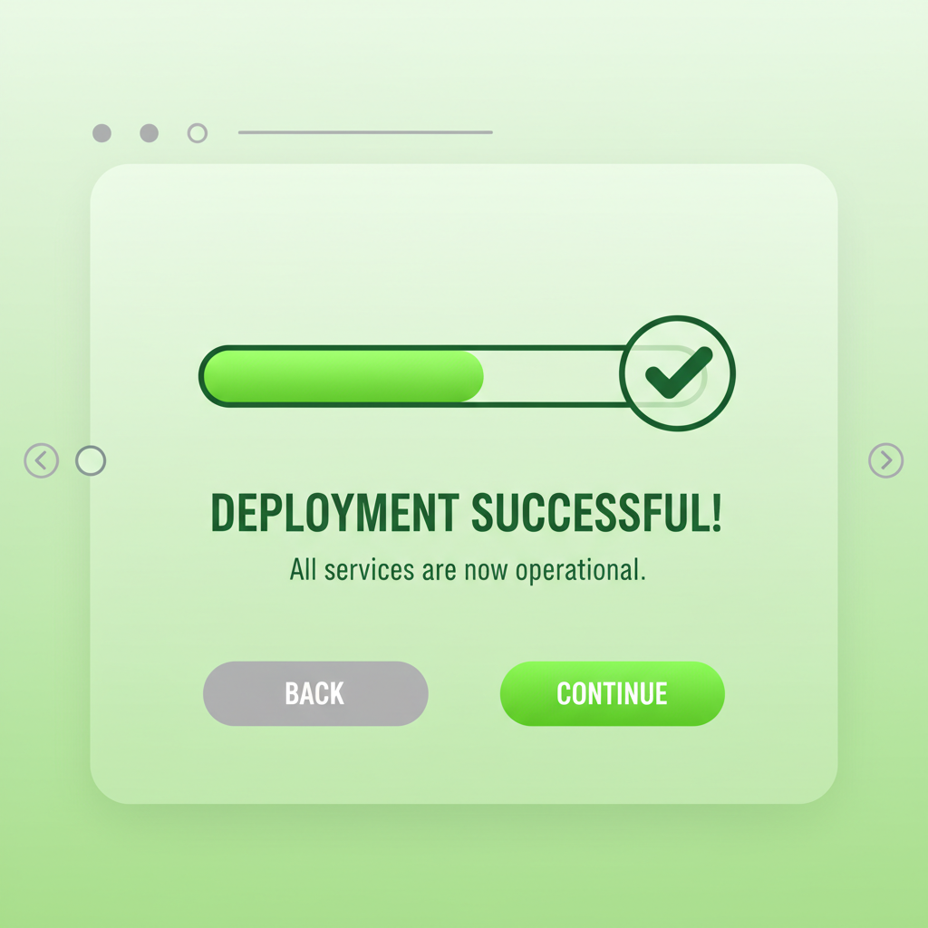 deployment confirmation screen with progress bar, success checkmark, vibrant green tones