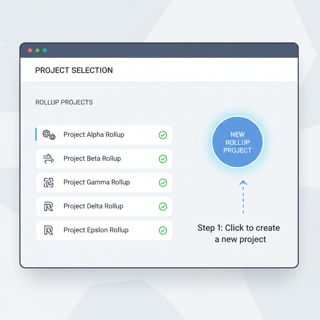 Conduit dashboard project selection interface, list of rollup projects, new rollup button highlighted, modern web design