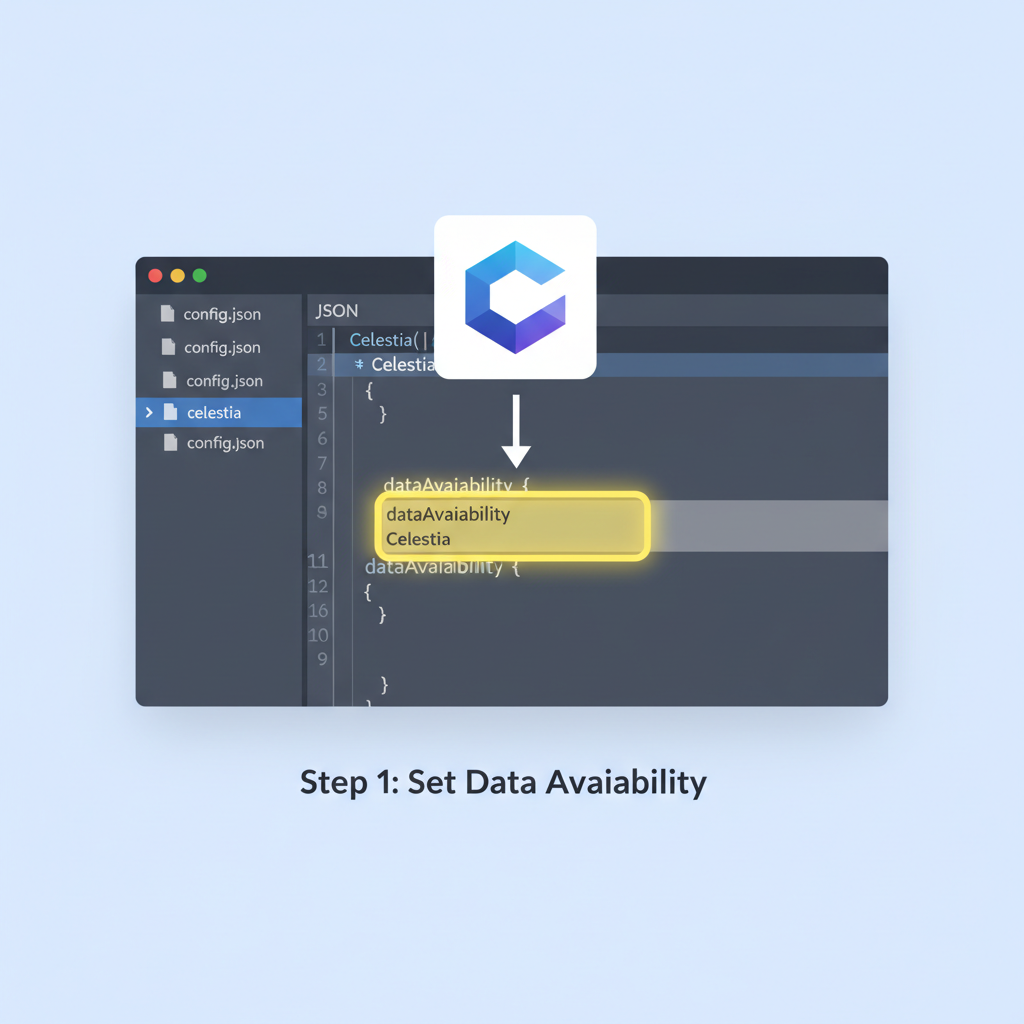 JSON code snippet editing dataAvailability to Celestia in editor, highlighted fields, Celestia logo