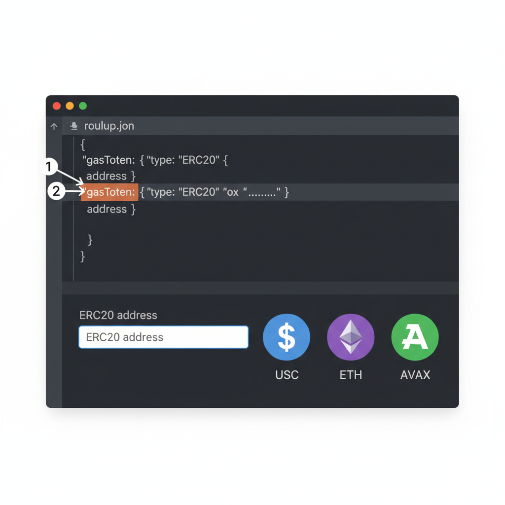 gasToken field in rollup.json editor, ERC20 address input, token icons like USDC ETH