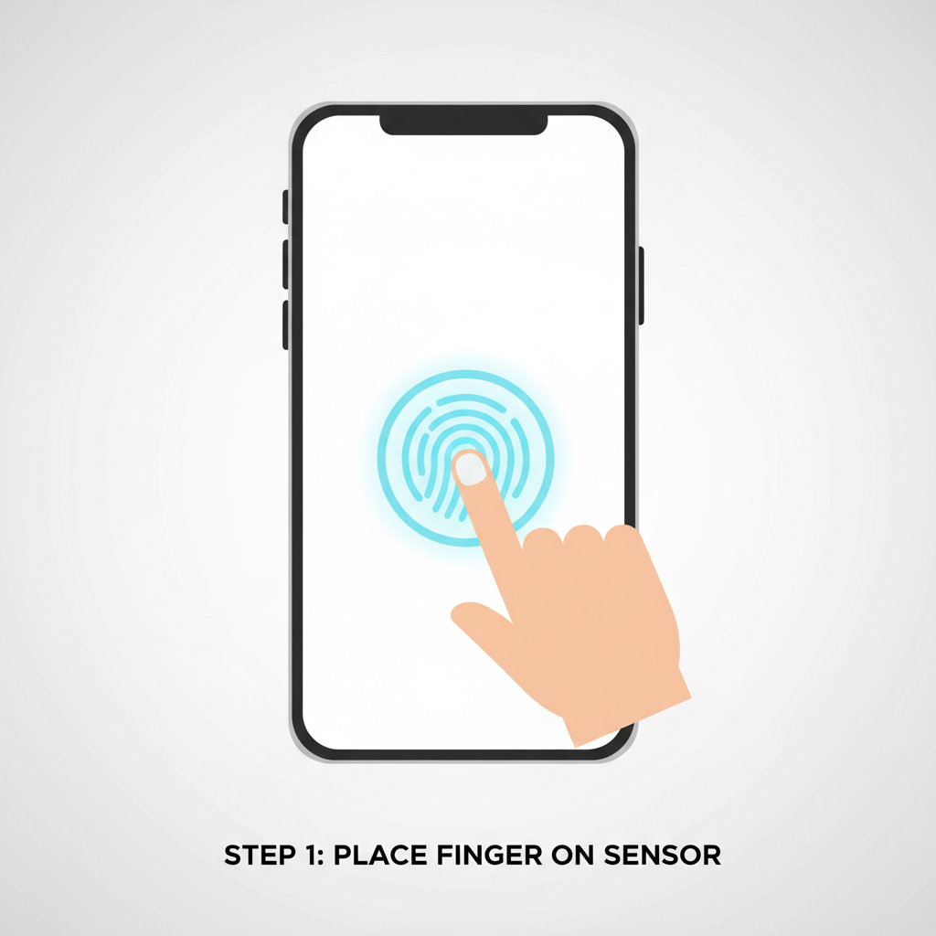 smartphone screen fingerprint scanner glowing finger touching, realistic device --ar 16:9