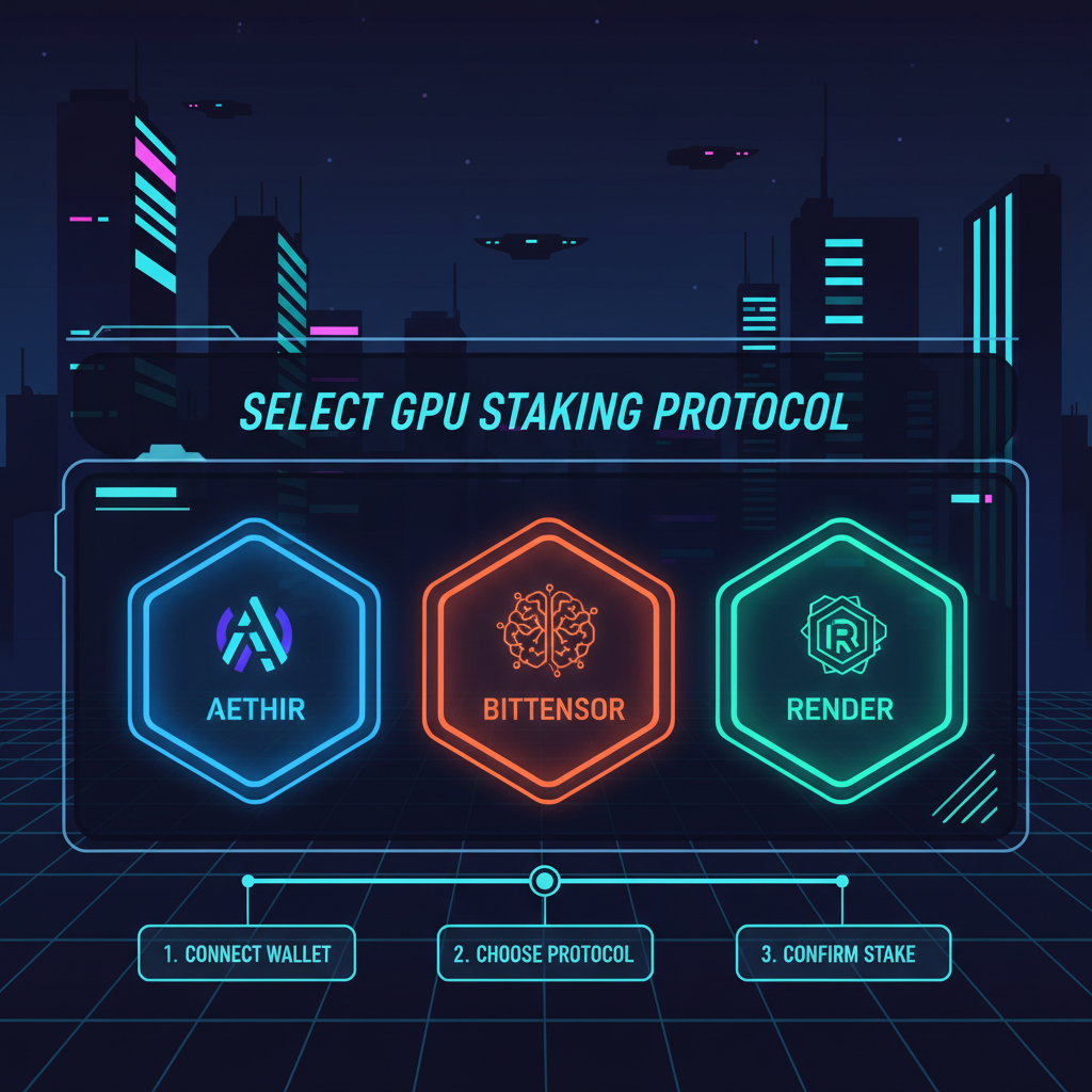 futuristic dashboard selecting decentralized GPU staking protocols like Aethir Bittensor Render, neon interfaces, cyberpunk style