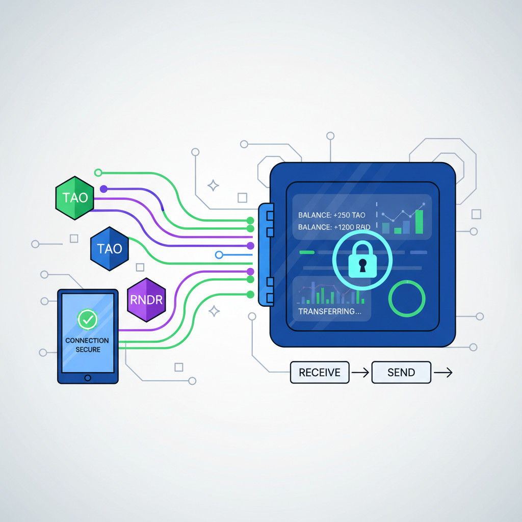 crypto wallet setup with tokens like TAO RNDR transferring, secure vault interface, digital currency flow