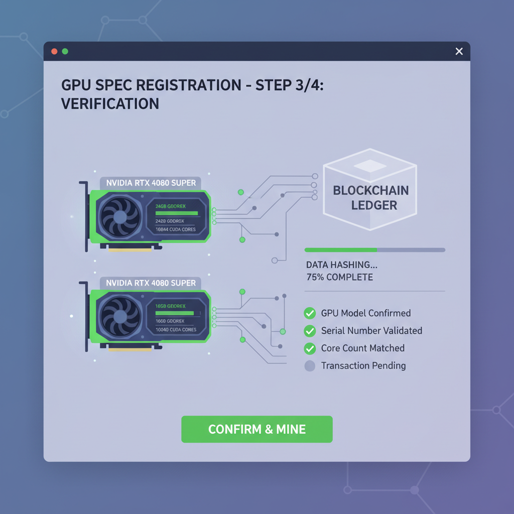 registering high-end GPU specs on blockchain dashboard, NVIDIA cards glowing, data verification screen