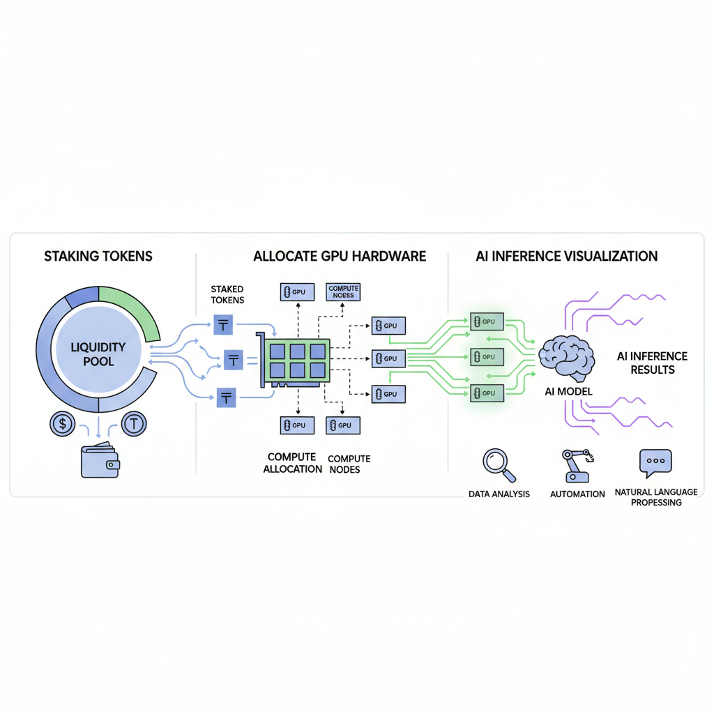 staking tokens and allocating GPU hardware in DeFi interface, tokens flowing to compute nodes, AI inference visualization