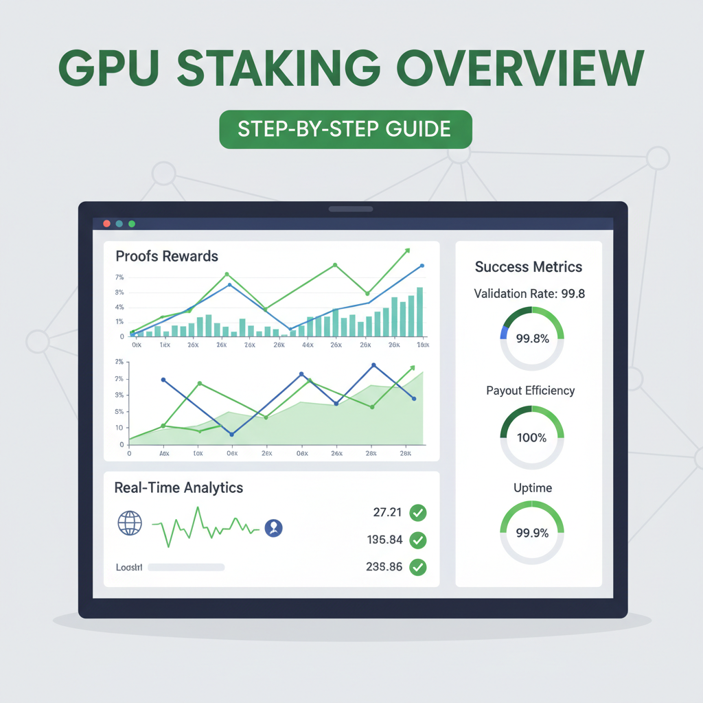 monitoring GPU staking dashboard with proofs rewards charts, real-time analytics, green success metrics