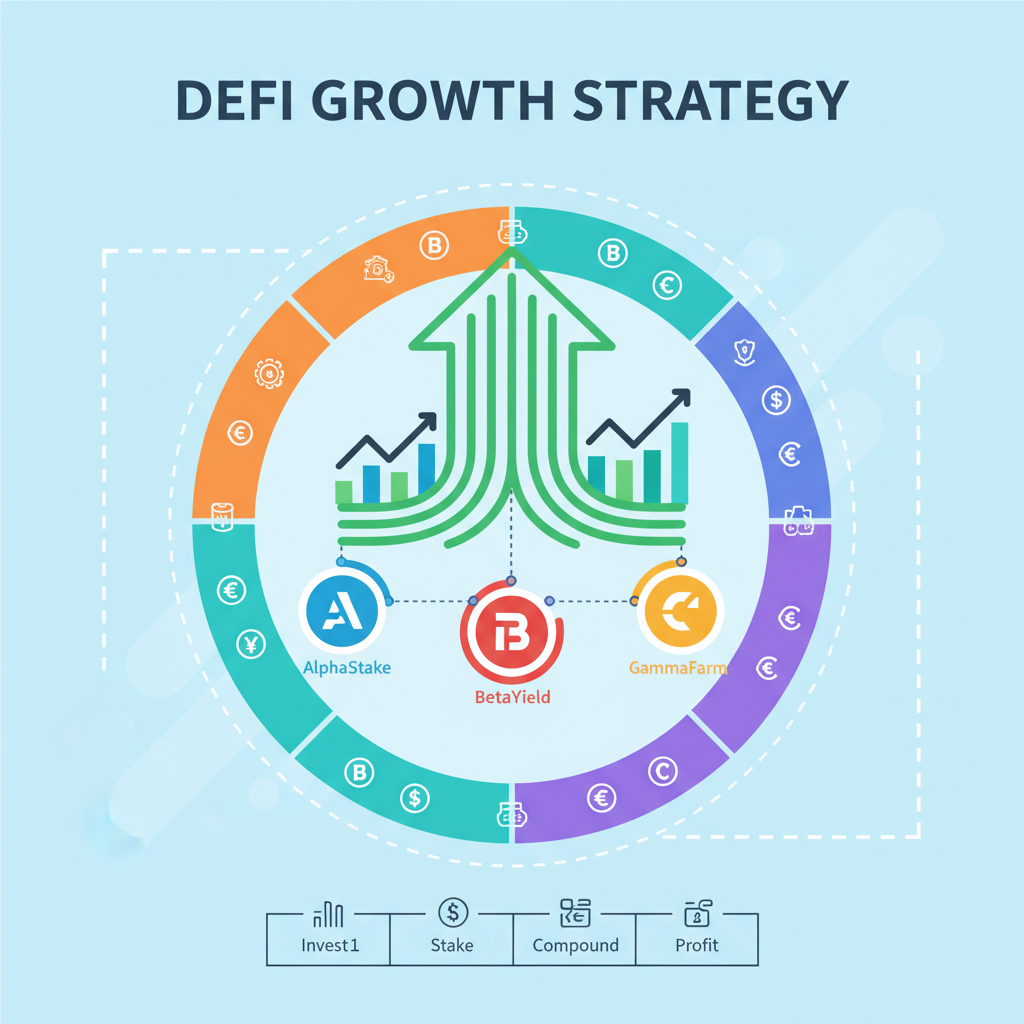 compounding staking rewards across multiple DeFi protocols, growth charts upward, diversified portfolio visualization