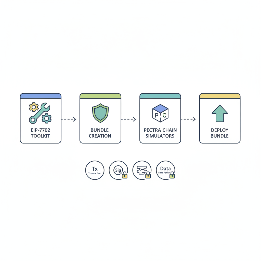 Smart contract bundling interface with EIP-7702 toolkit icons and Pectra chain simulators