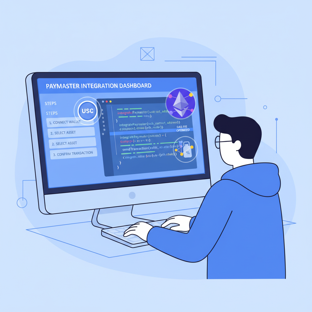 Developer coding paymaster integration dashboard with USDC icons and Ethereum nodes