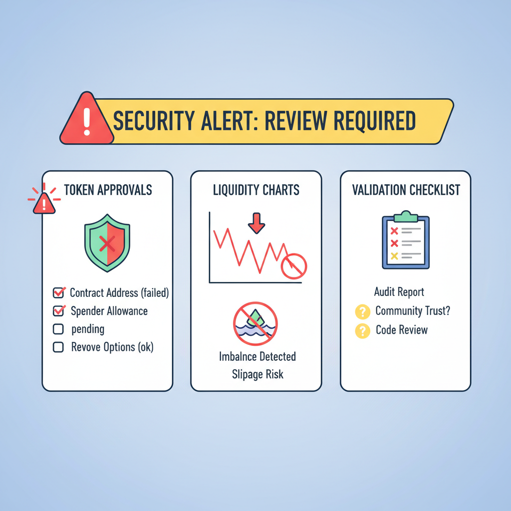 Warning dashboard checking token approvals, liquidity charts, and validation checklists