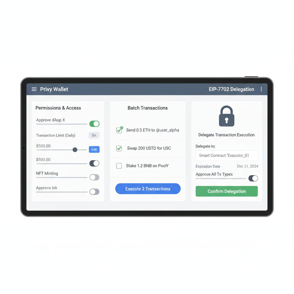 Privy wallet dashboard showing permissions sliders, batch transactions, and EIP-7702 delegation