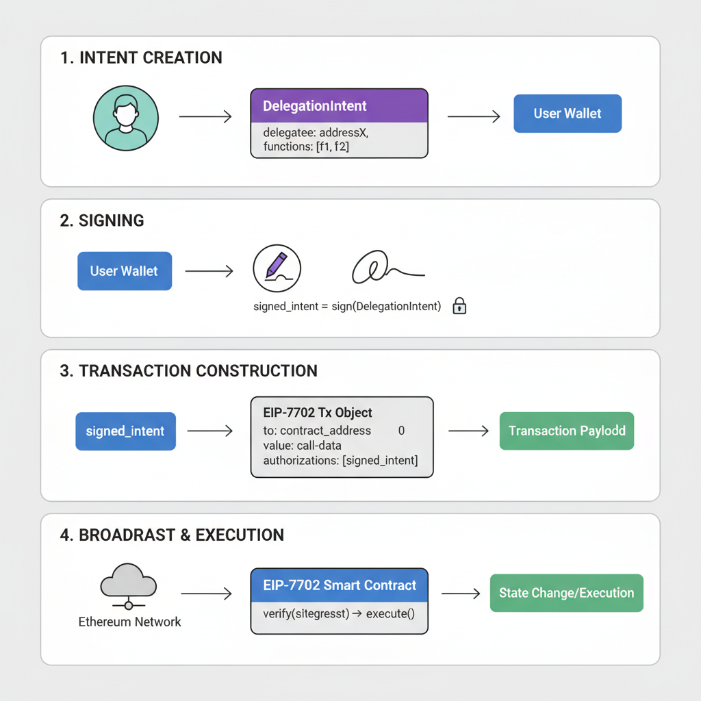 ethereum eip-7702 delegation transaction preparation diagram, clean tech illustration