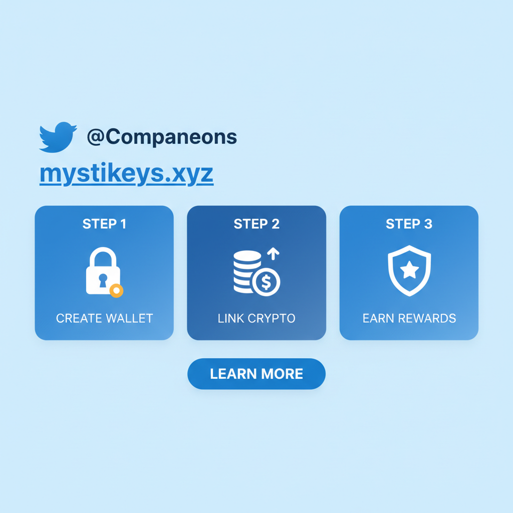 Twitter post with MystiKeys link and @Companeons tag, blue bird icon, crypto theme