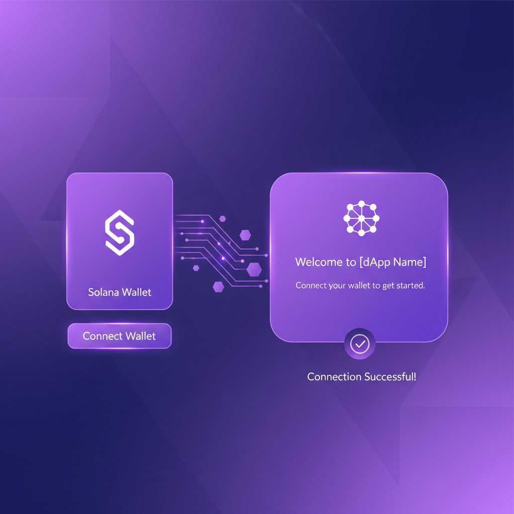 Solana wallet connecting to dApp interface, futuristic purple glow, clean UI
