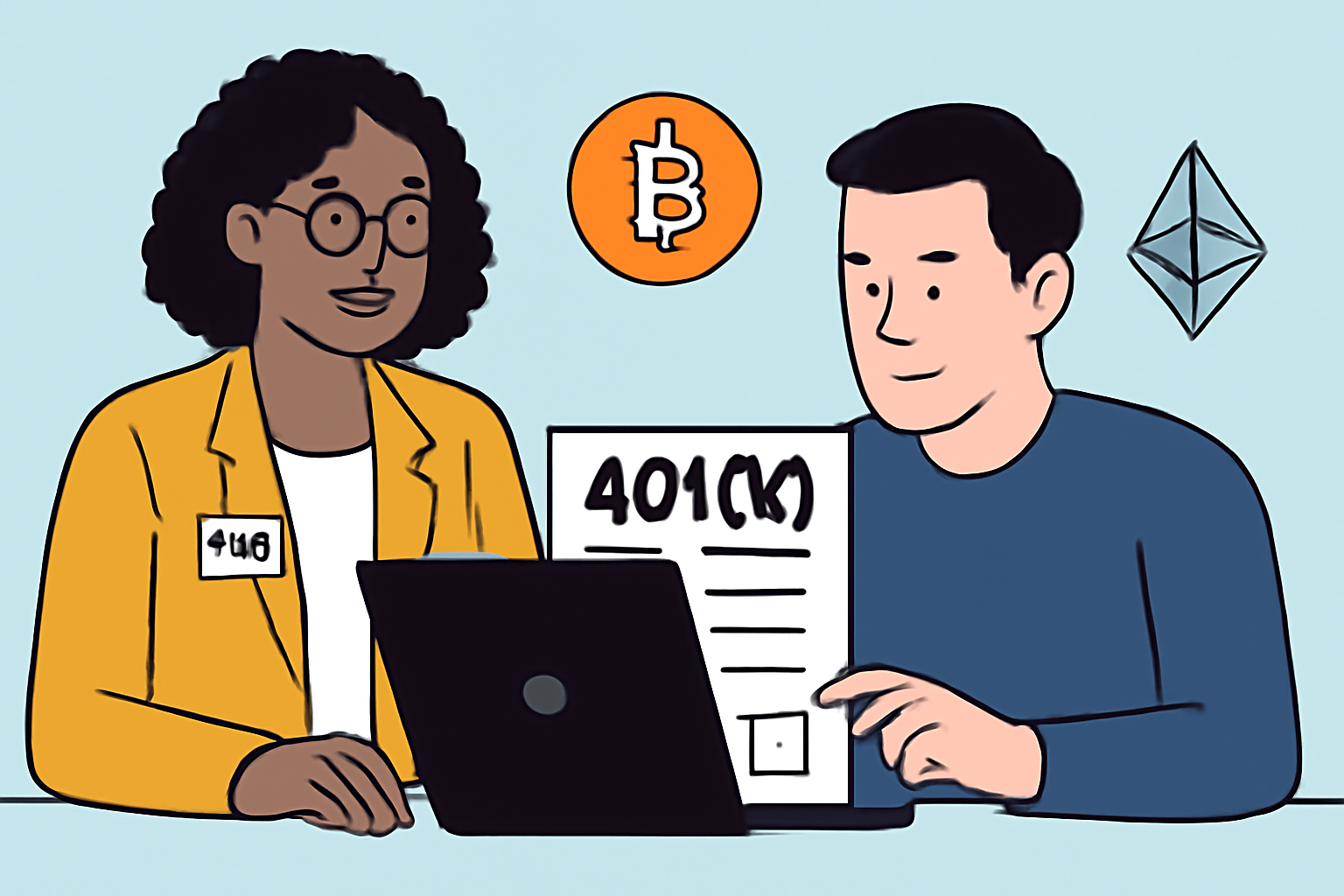 A person reviewing 401(k) plan documents on a laptop, with a HR representative nearby, and digital asset icons like Bitcoin and Ethereum in the background.
