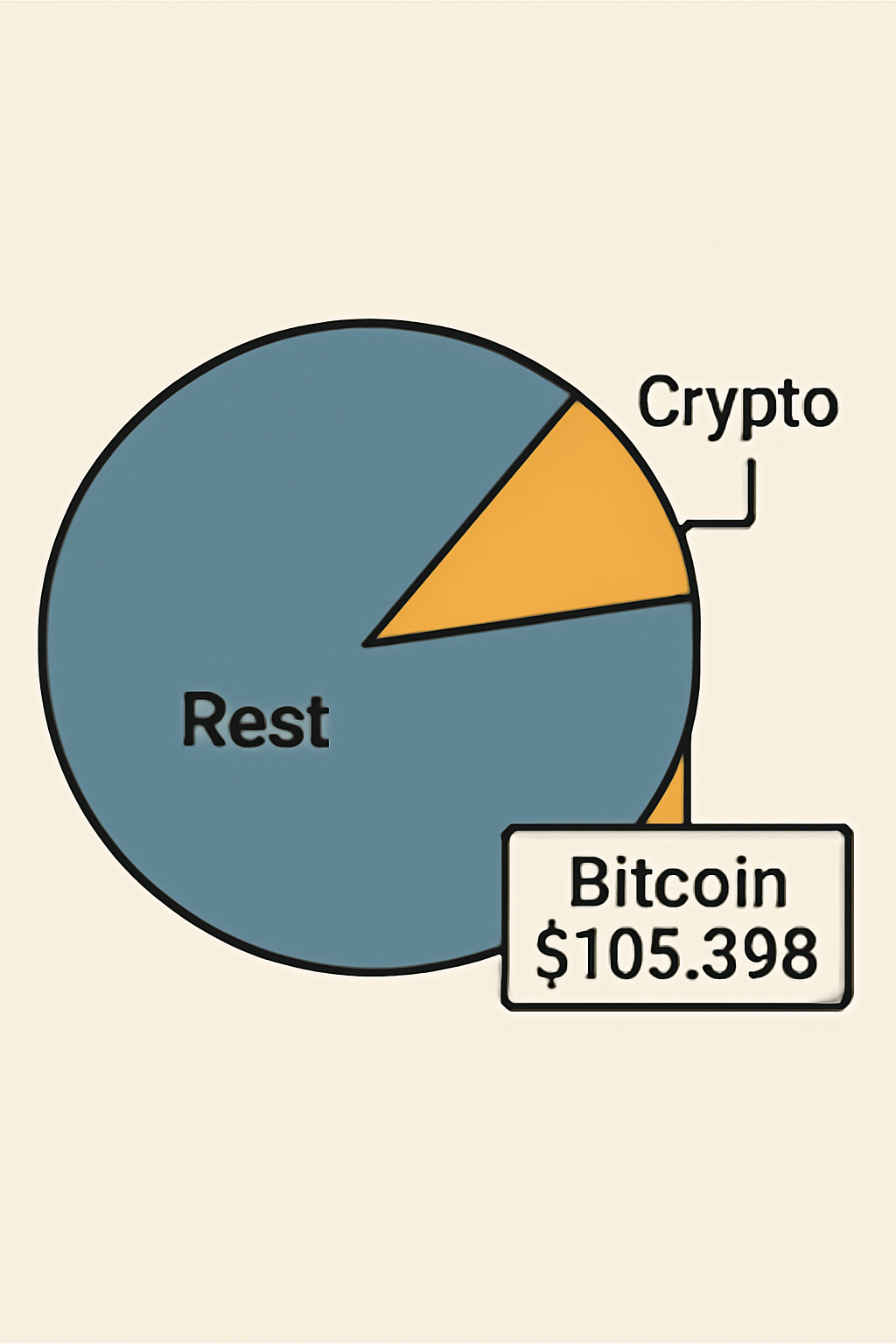 A pie chart showing a small slice labeled 'Crypto', with the rest diversified, and Bitcoin price ($106,388) highlighted.