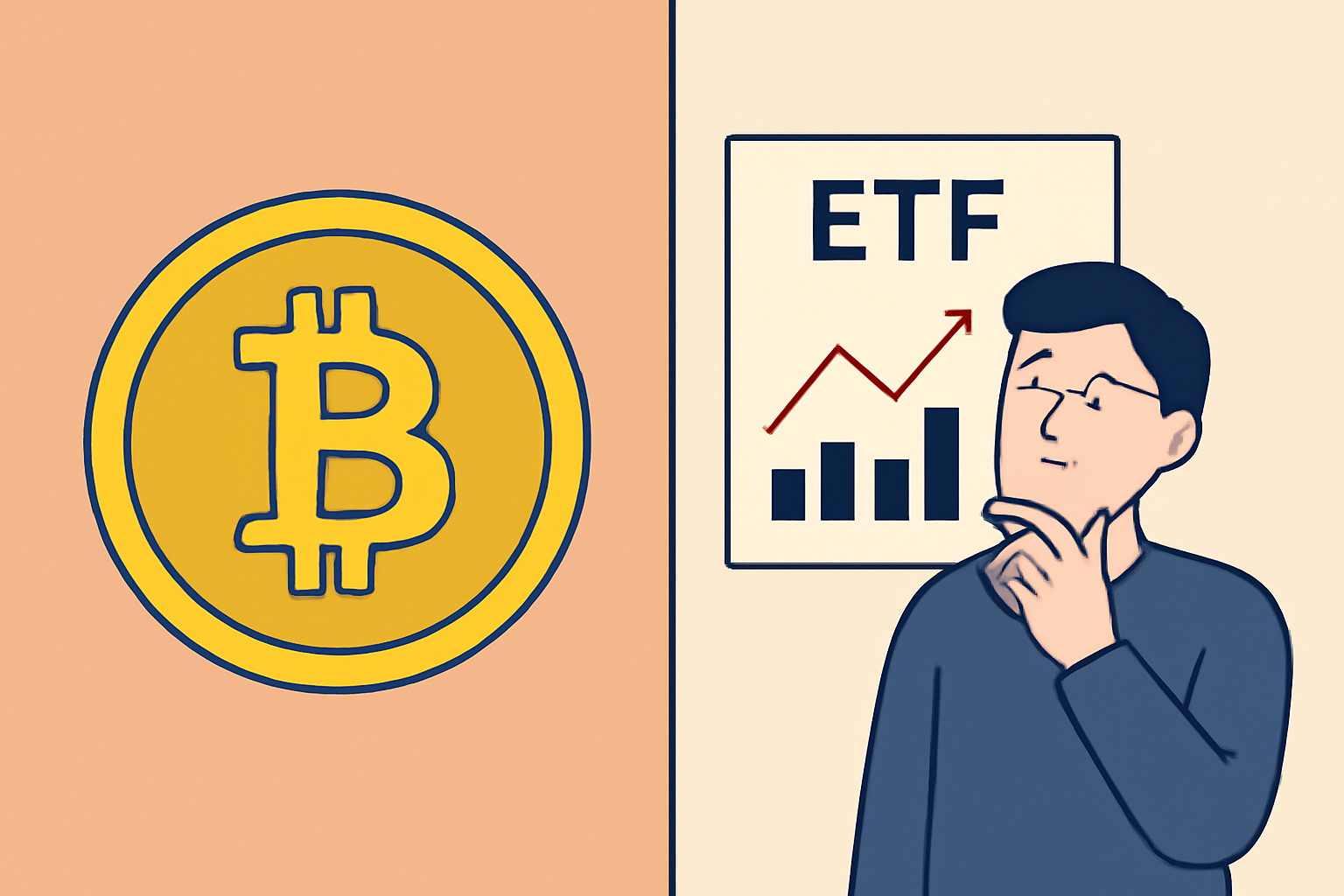 A split screen showing a Bitcoin coin on one side and an ETF chart on the other, with a person thoughtfully comparing both.