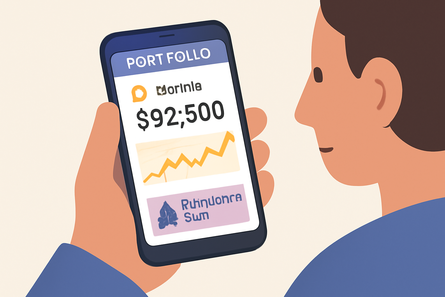 A person checking a portfolio app on their phone, with a chart showing Bitcoin price changes and a rebalance alert.