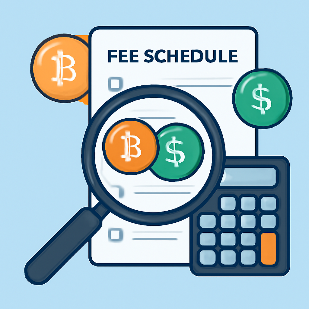 A magnifying glass examining a fee schedule, with Bitcoin and dollar symbols, and a calculator nearby.