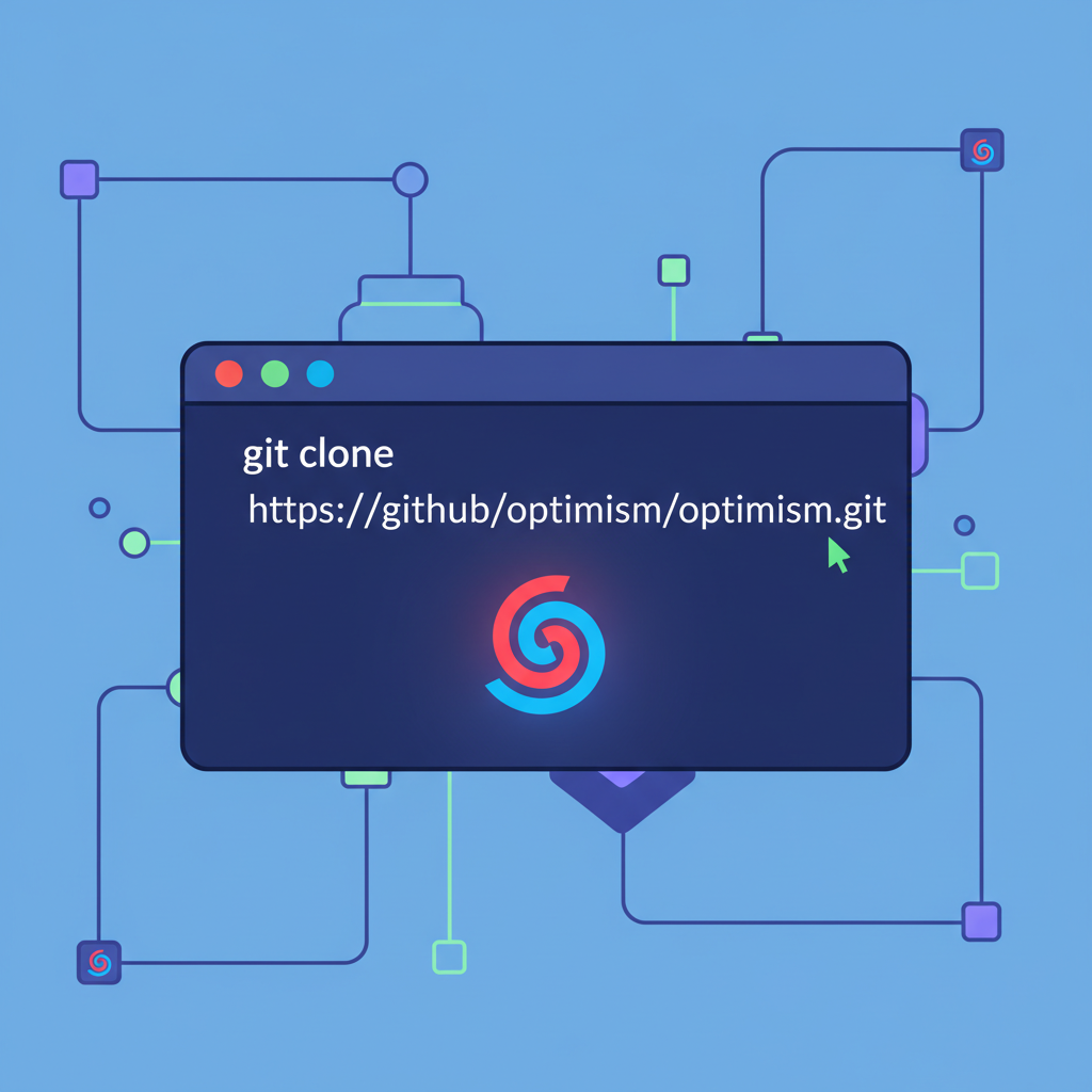 git clone command in terminal, optimism logo glowing, blockchain nodes background