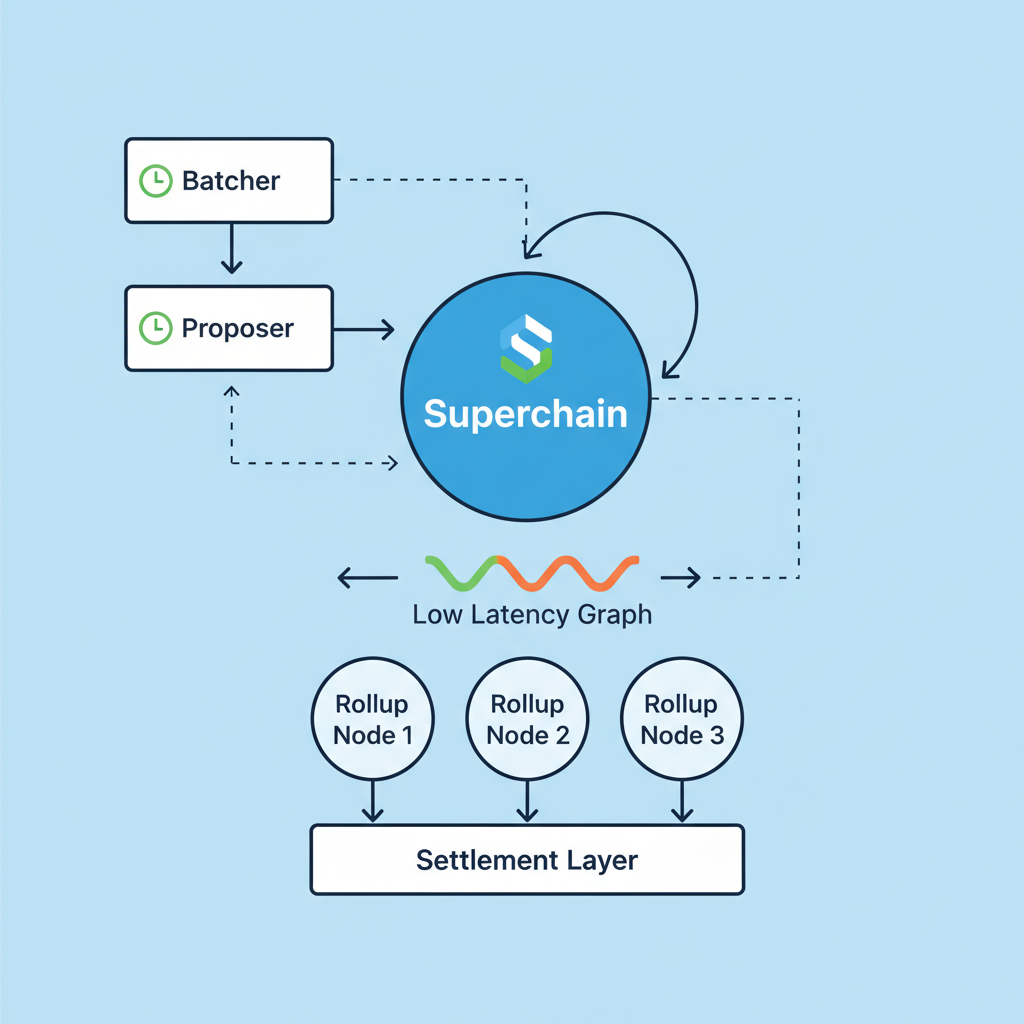 rollup node diagram with batcher proposer superchain links, low latency graph