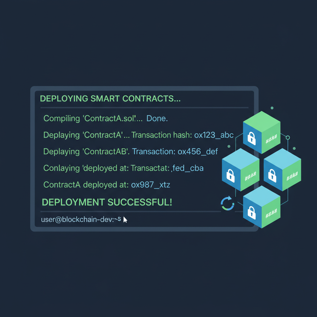 CLI terminal deploying smart contracts, blockchain blocks forming, success logs