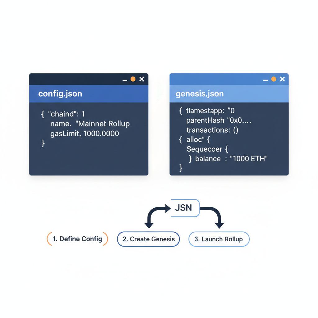 JSON config files open in code editor, Ethereum rollup genesis block diagram
