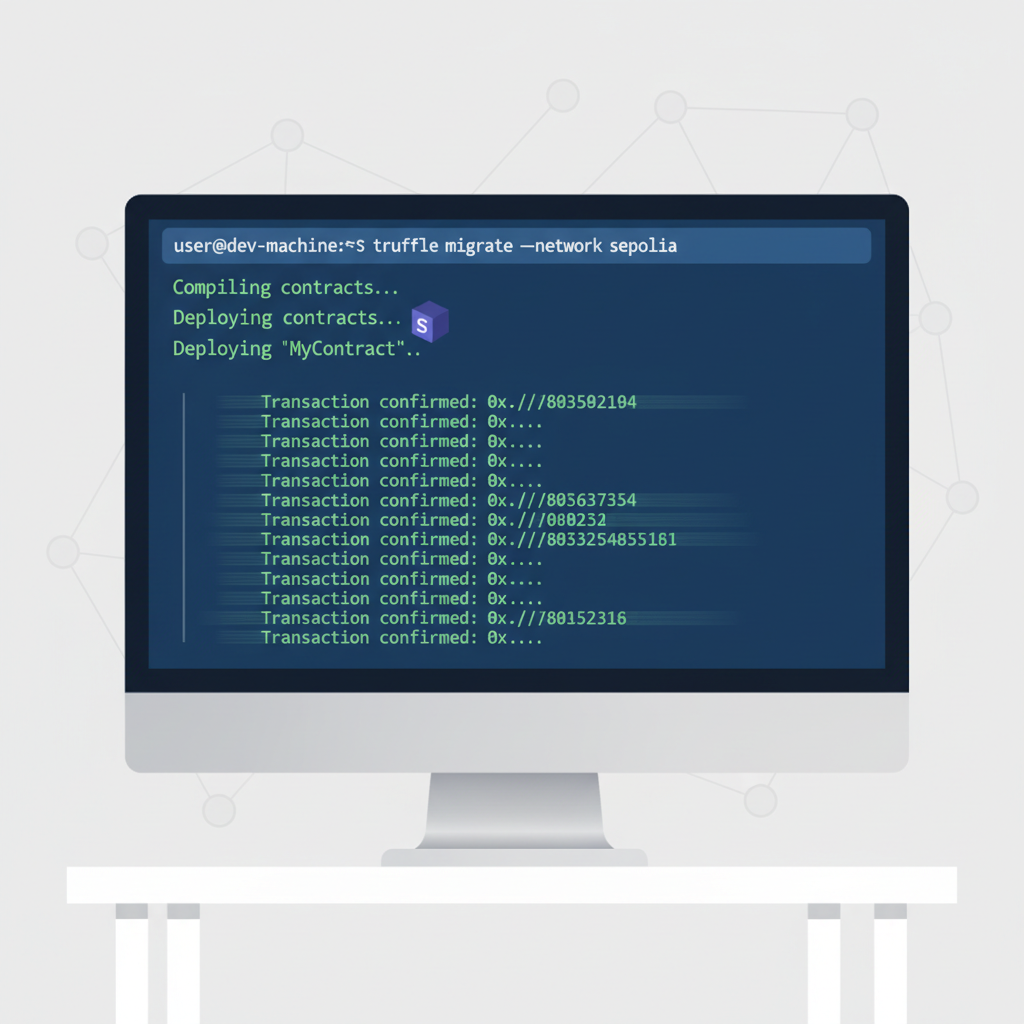 terminal deploying smart contracts to Sepolia, transaction hashes scrolling