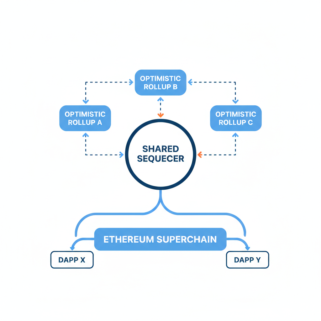 Network diagram of rollups connected to shared sequencer node, Ethereum Superchain links
