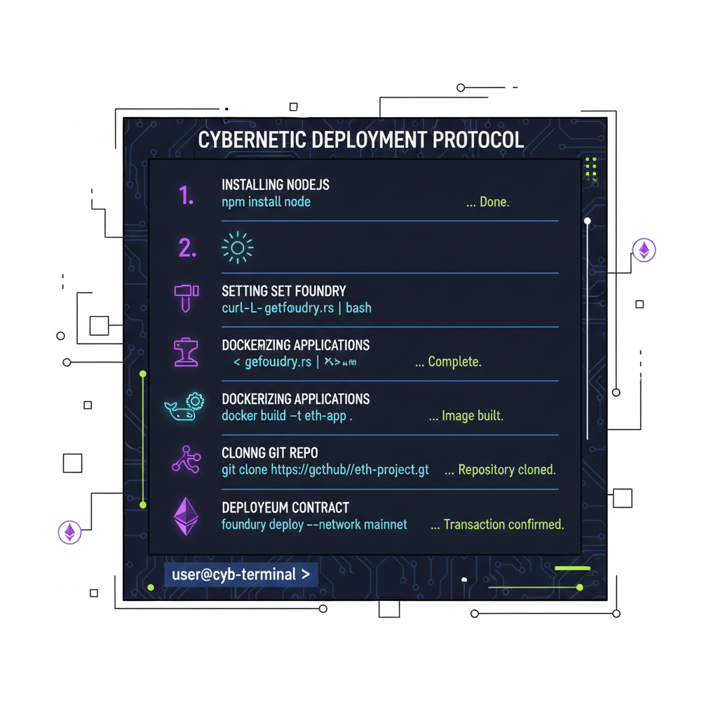 developer terminal installing Node.js Foundry Docker Git, cyberpunk ethereum theme