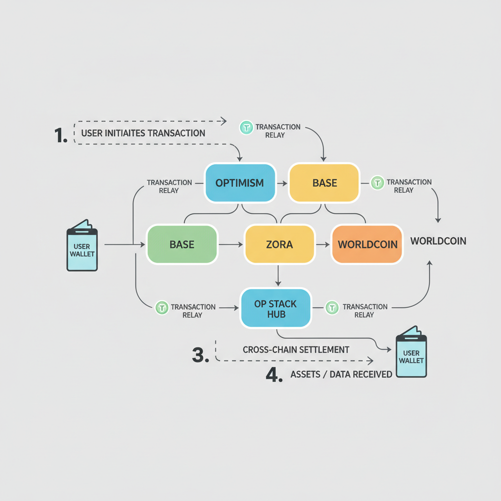 Cross-chain transaction flow diagram, Superchain rollups interconnected