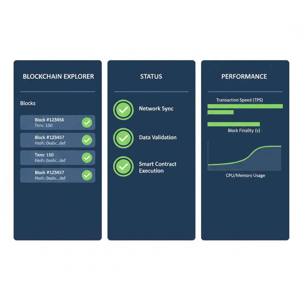 Monitoring dashboard with blockchain explorer, green checkmarks, performance graphs
