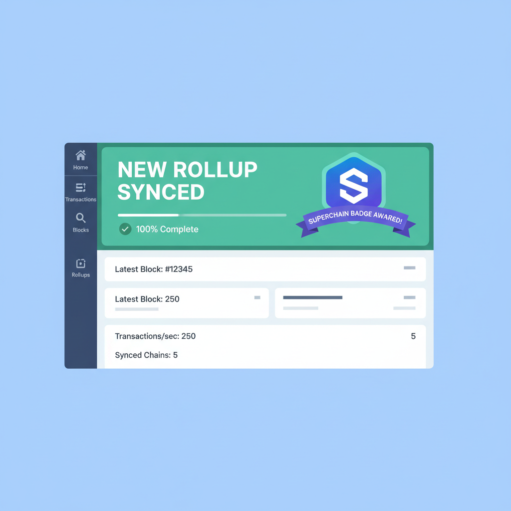 block explorer dashboard showing new rollup synced, superchain badge awarded