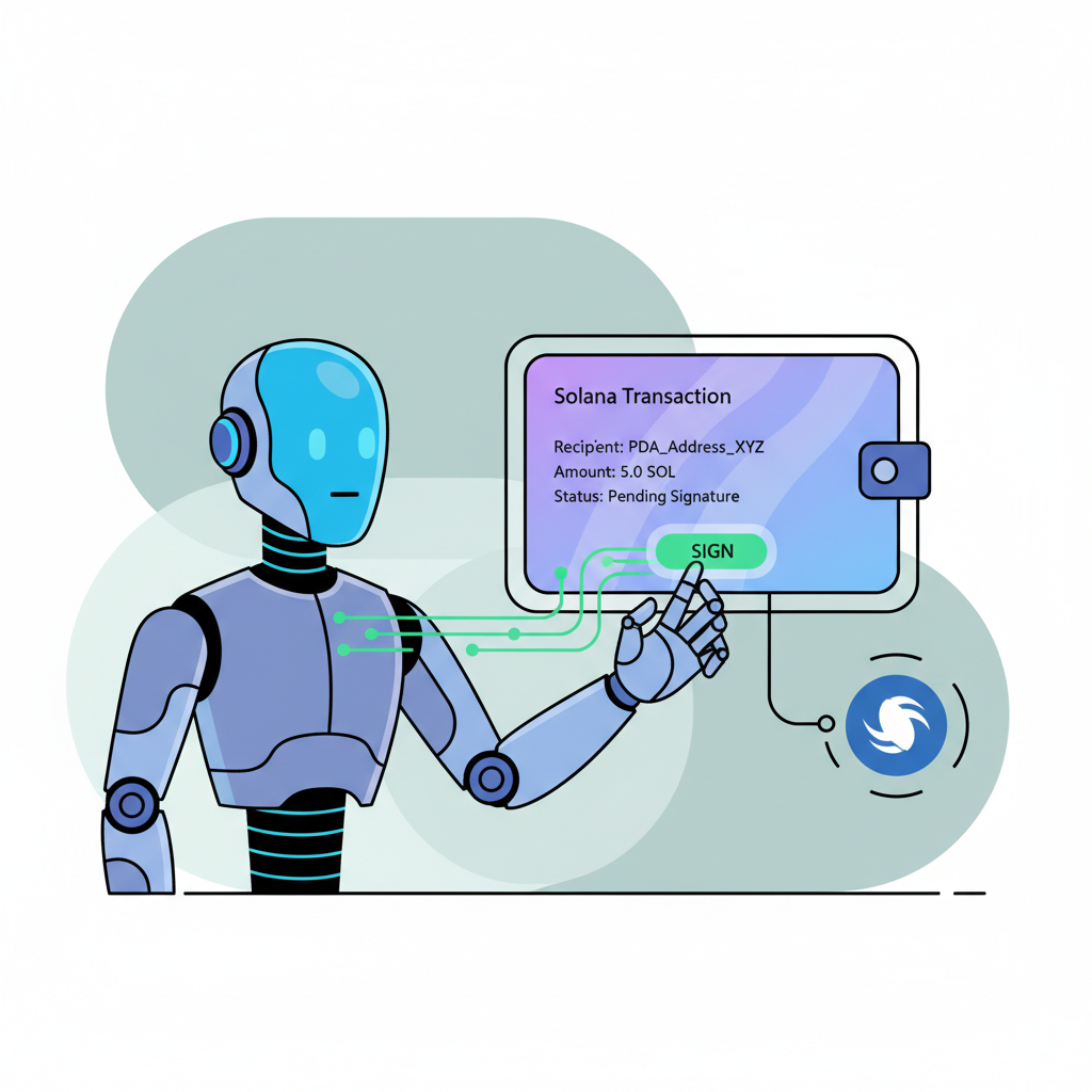 AI agent signing Solana transaction via PDA, futuristic wallet