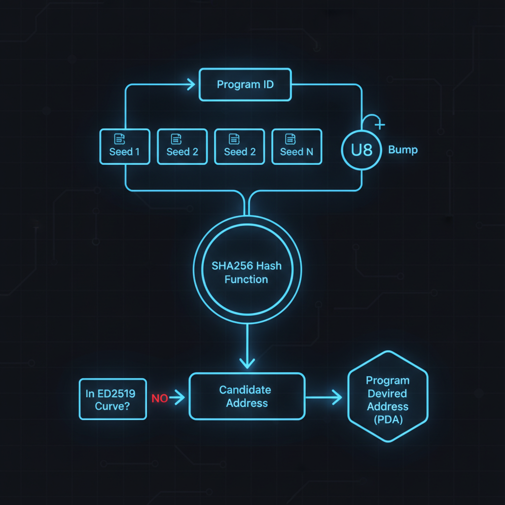 Solana PDA derivation diagram with seeds and bump, glowing blue holographic UI, futuristic blockchain aesthetic