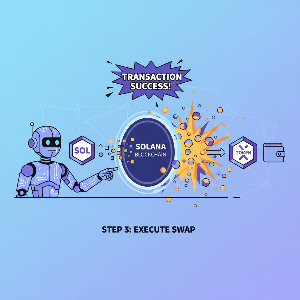 Autonomous AI agent executing token swap on Solana, transaction animation with SOL to token flow, explosive success effects