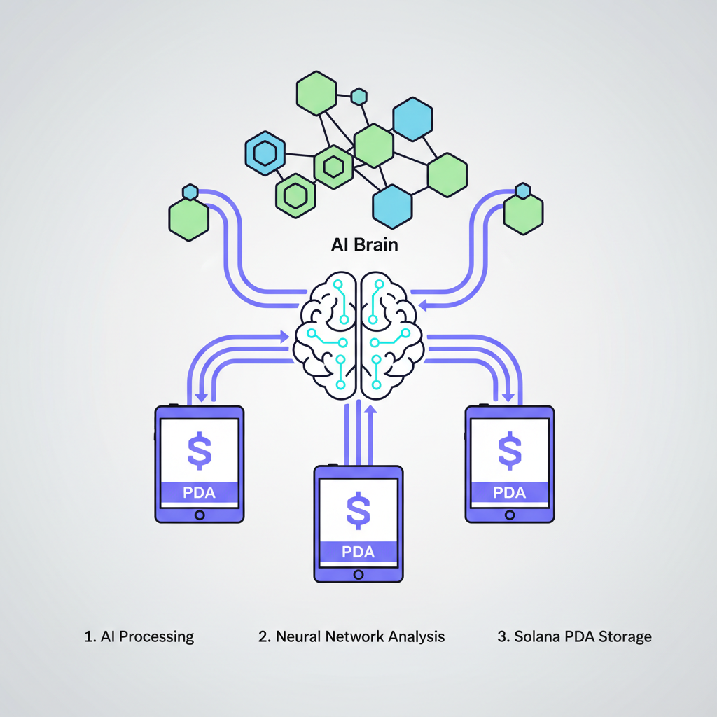 AI brain connected to Solana blockchain PDAs, neural network