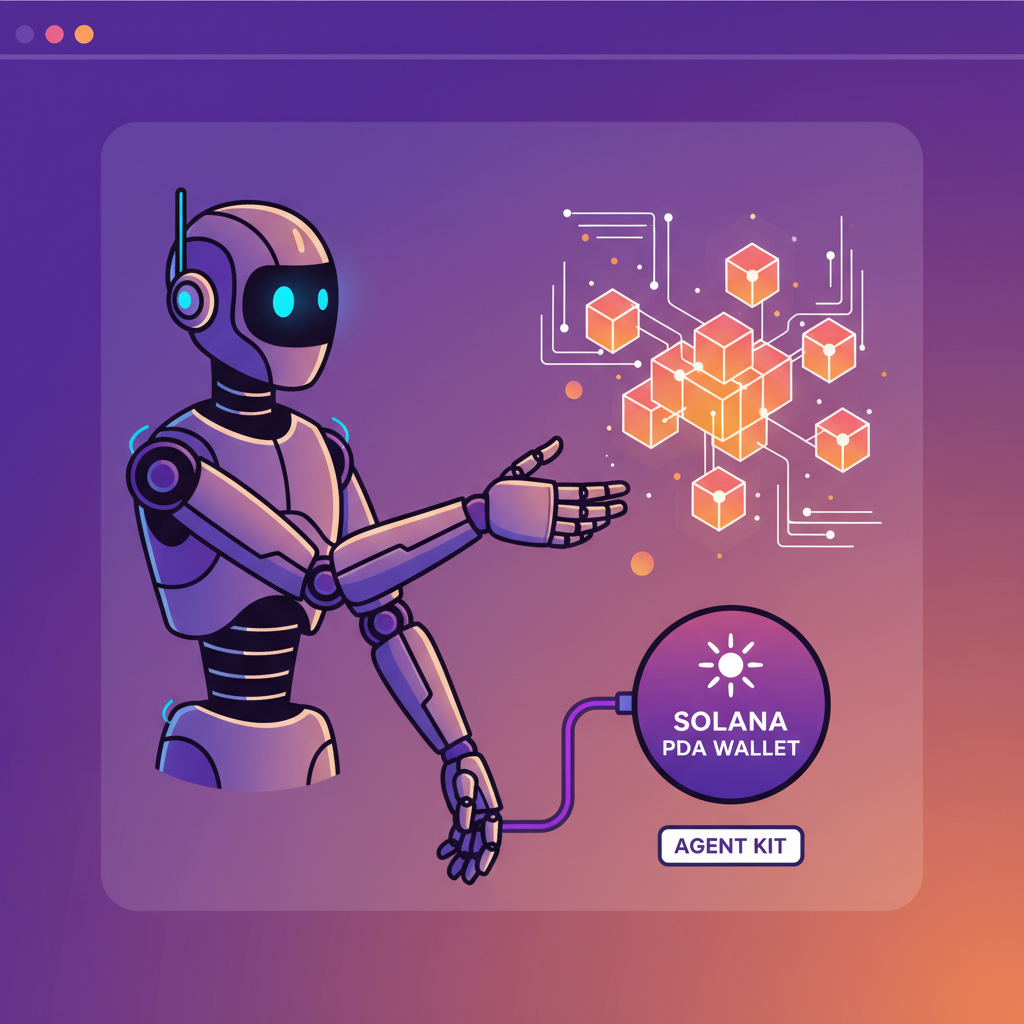 AI agent connecting to Solana PDA wallet via Agent Kit, robot handshaking blockchain node, vibrant purple and orange tones