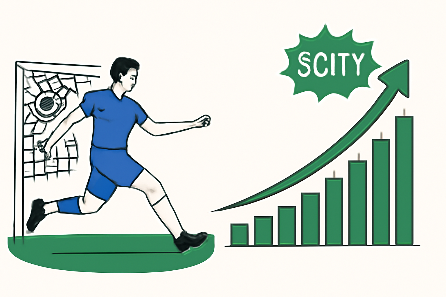 soccer player kicking ball into goal net, green bullish $CITY price chart exploding upward