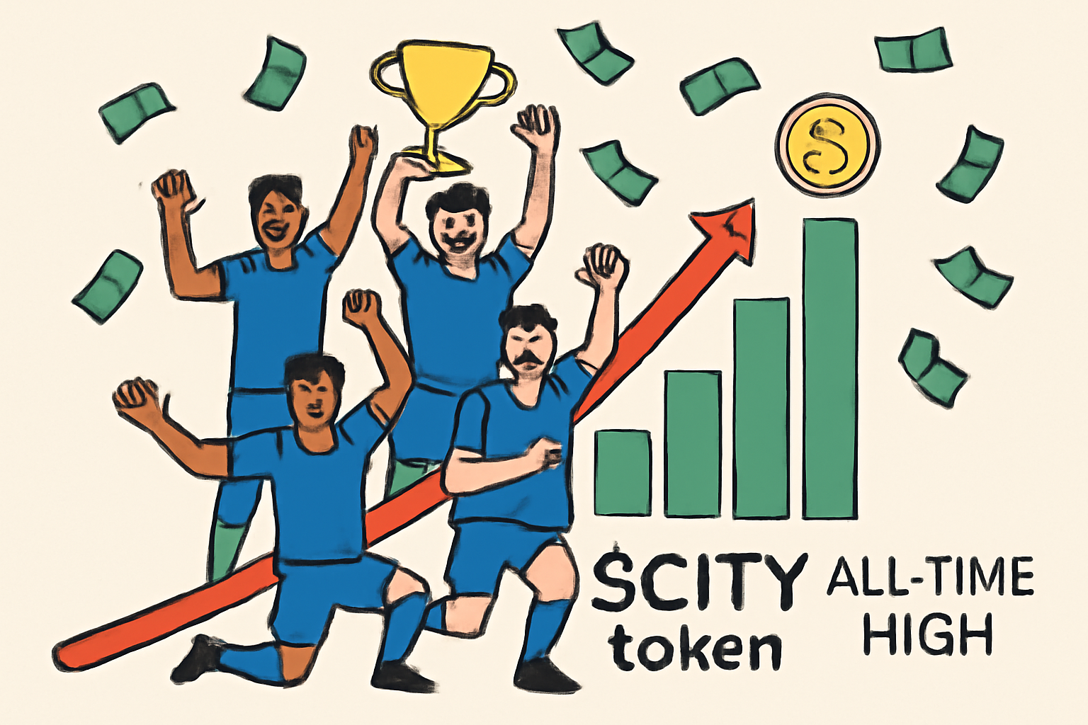 victorious soccer team celebration, cash profits raining on $CITY token chart peak