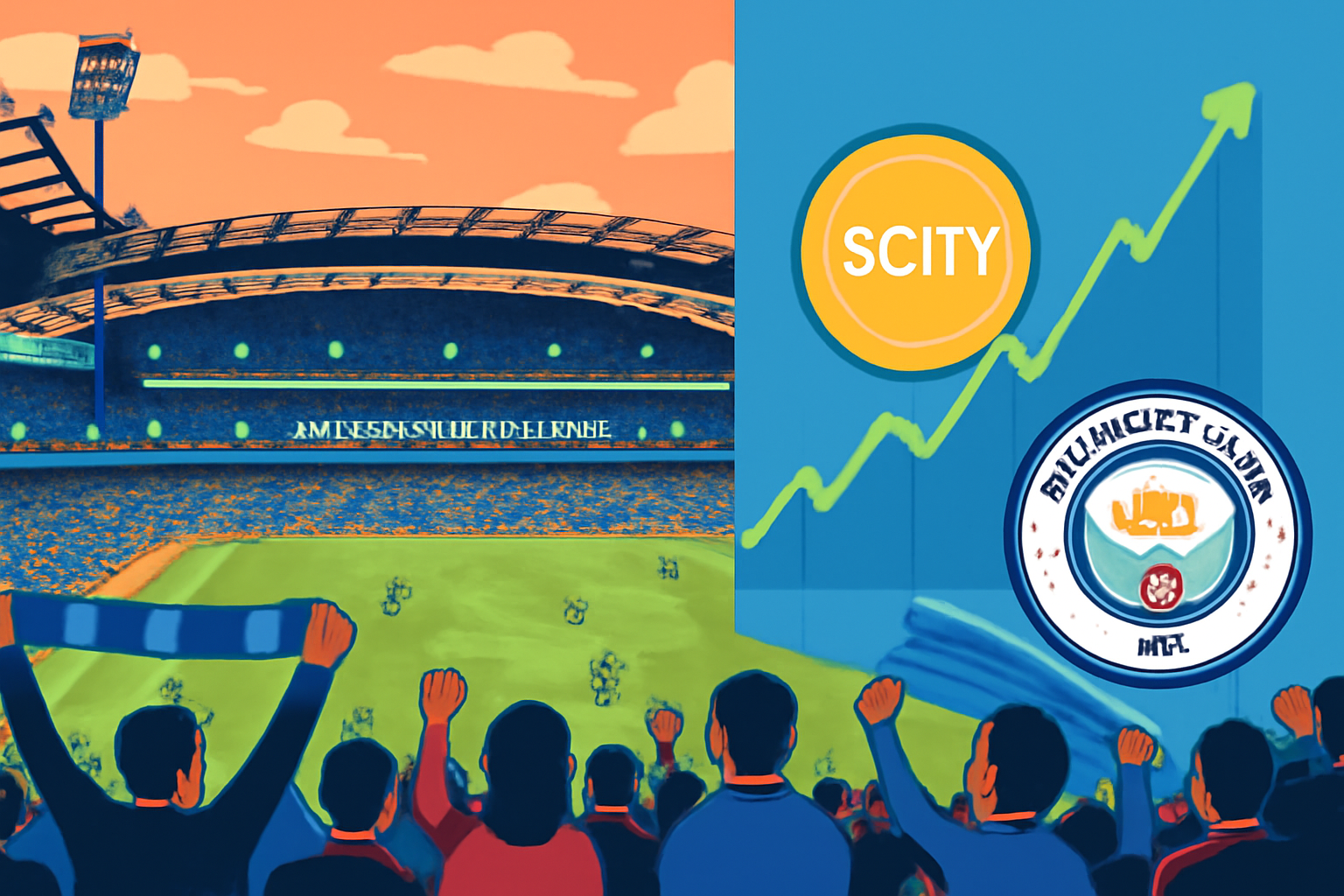 vibrant Manchester City stadium pre-match buzz, overlay rising crypto chart $CITY token