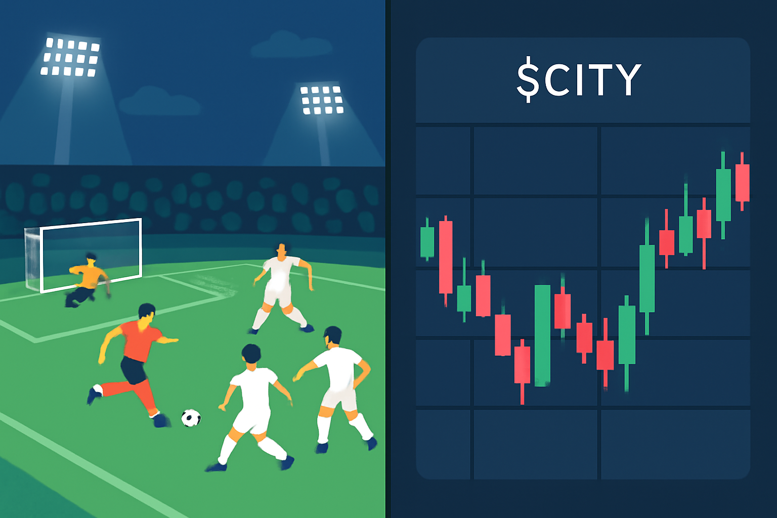 live soccer match stadium lights, split screen with volatile $CITY candlestick chart
