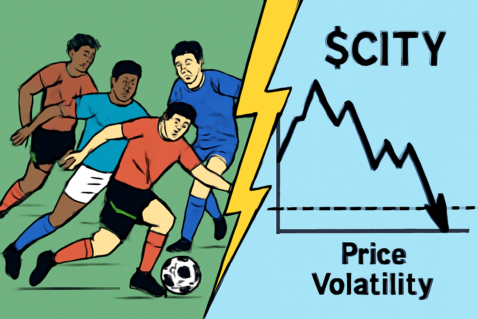 intense soccer midfield action, dynamic lightning bolt $CITY price volatility graph