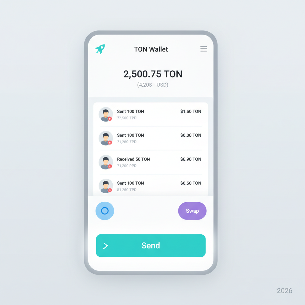 Telegram TON Wallet Mini App mobile screen showing send button highlighted, clean modern UI, 2026 design --ar 9:16