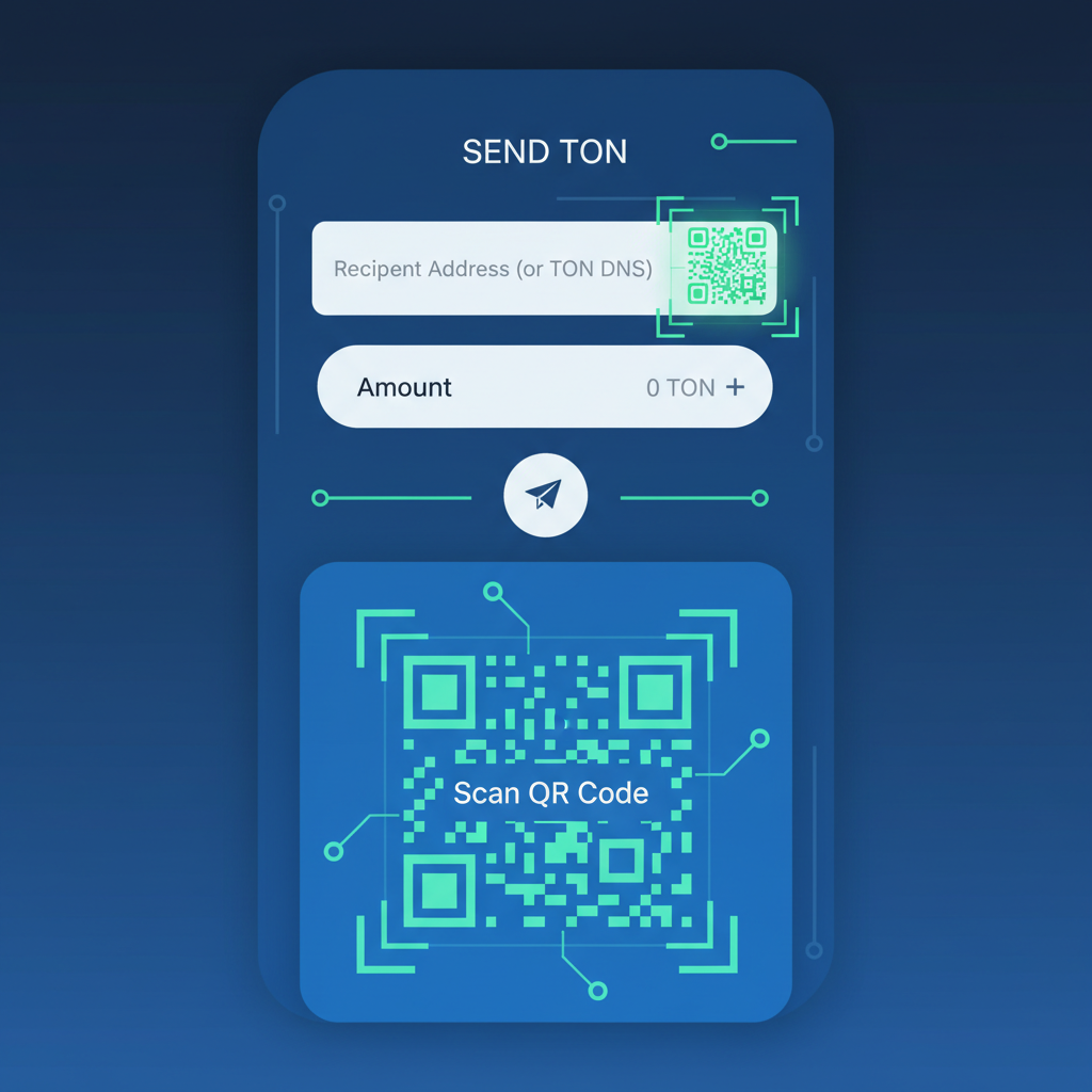 Telegram TON Wallet send screen with address input field and QR scanner active, mobile interface, futuristic UI --ar 9:16