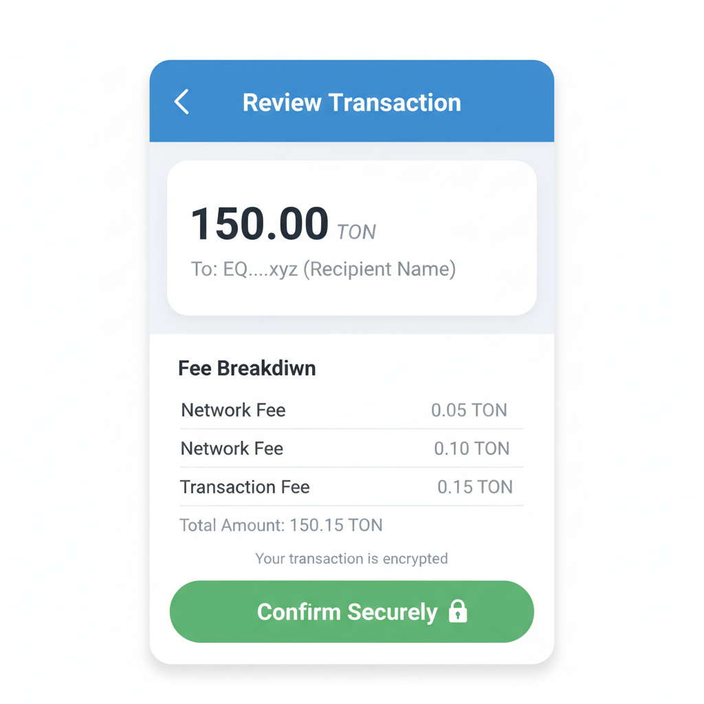 TON Wallet review screen showing fee breakdown, amount and recipient details, secure confirmation UI mobile --ar 9:16