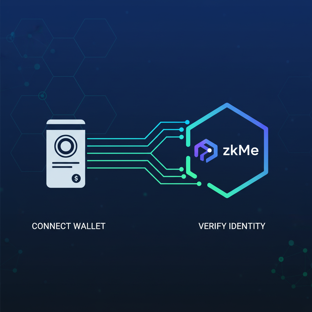 wallet icon connecting to zkMe or Polygon ID logo, glowing connection lines, futuristic blockchain style