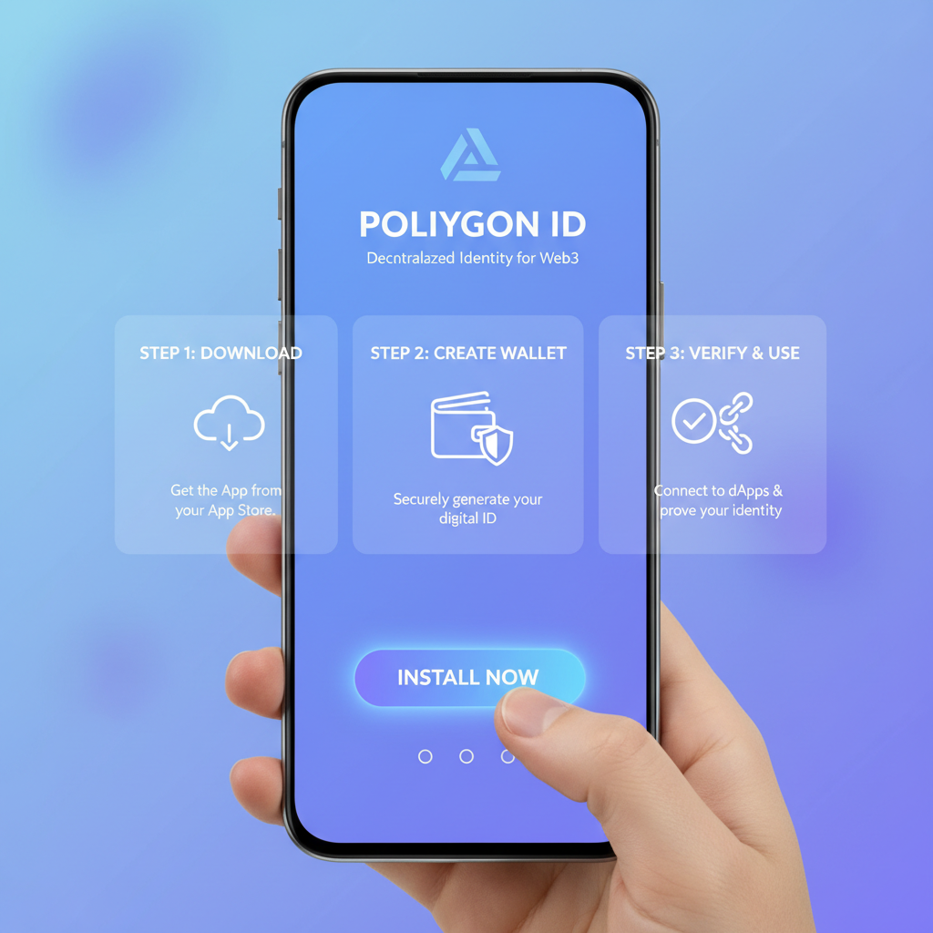 smartphone screen showing Polygon ID wallet app installation, clean modern UI, blue purple tones