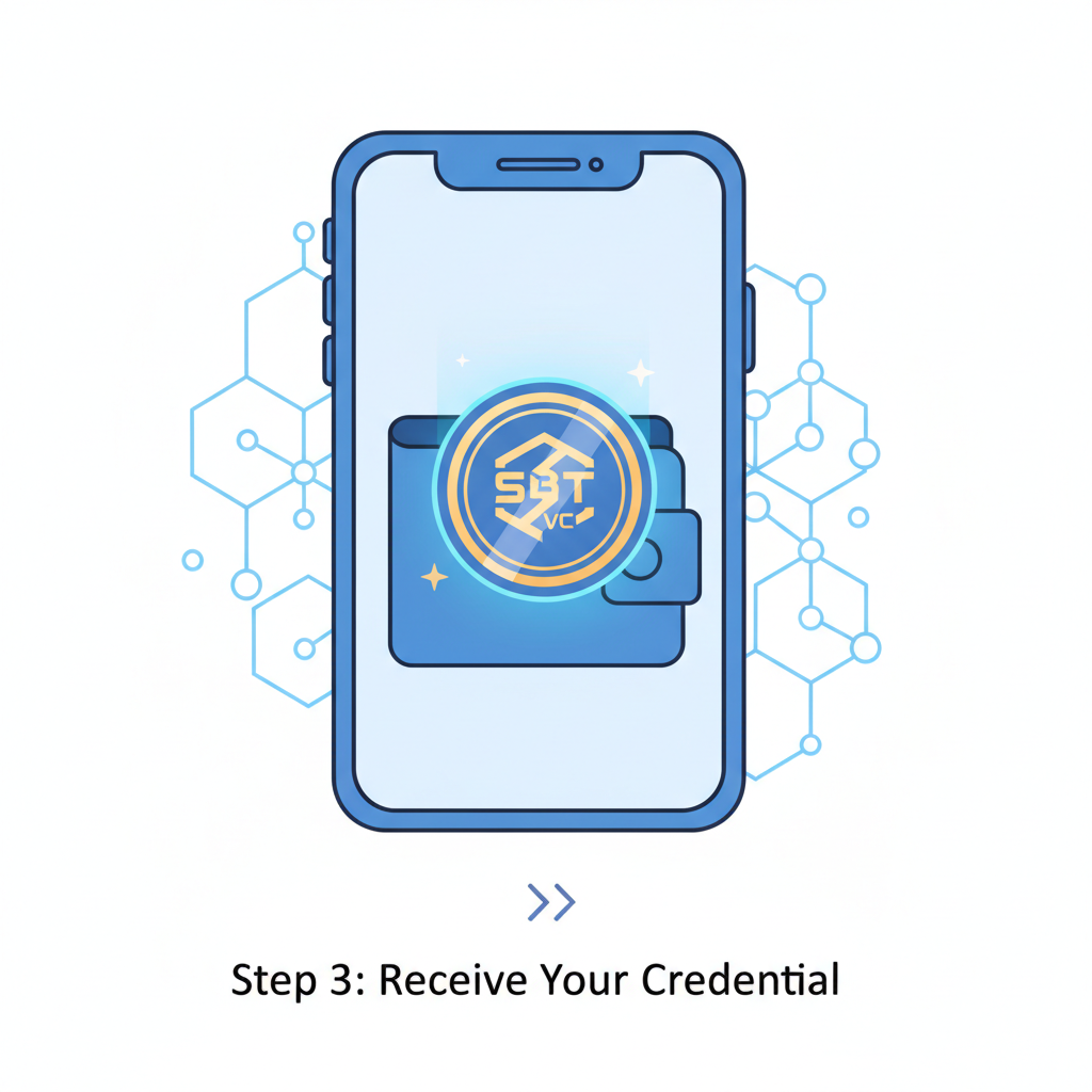 digital credential token appearing in wallet, shiny SBT or VC badge, blockchain network background