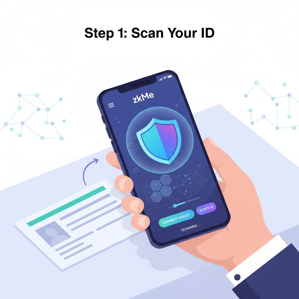 user scanning ID document on smartphone with zkMe app, glowing privacy shield, web3 wallet interface, clean futuristic style